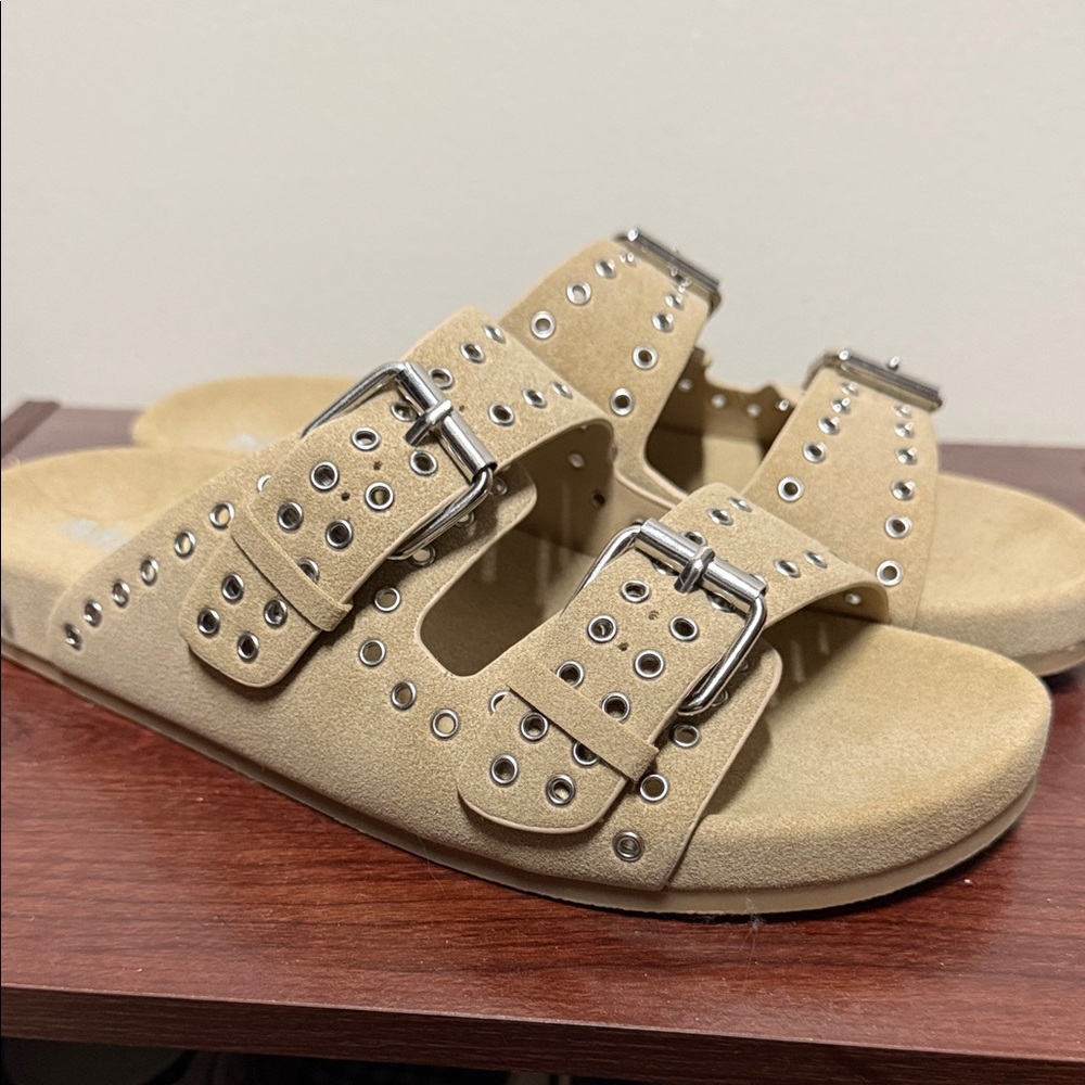 MIA Tan Suede Double Buckle Stud Slide Sandals